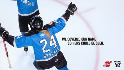 Molson is sacrificing the visibility of its logo by sponsoring the space above the number on PWHL jerseys — usually covered by the players' hair — in order to give more visibility to athletes' names. (CNW Group/Molson)